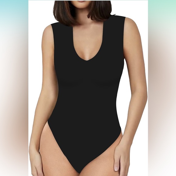 Double lined sleeveless sexy V neck tank tops fashion bodysuits in black size XS - Picture 2 of 10